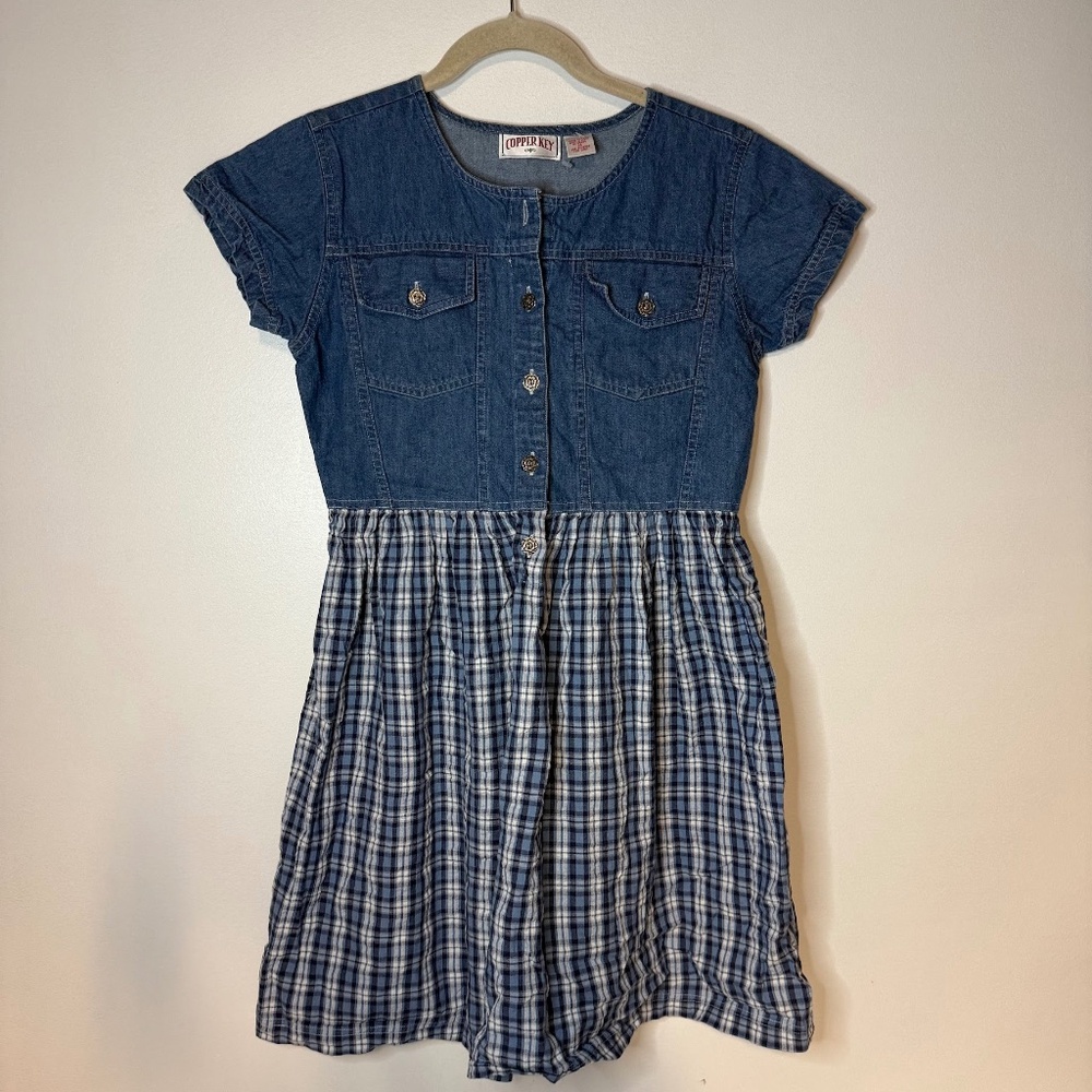 Vintage 1990s Denim Plaid Button Front Dress 90s Grunge Juniors 14 Womens XS ?